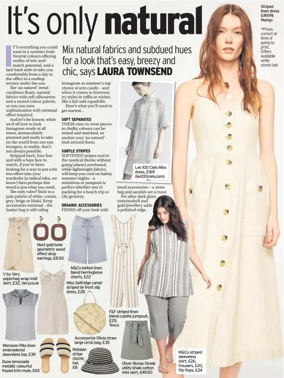  ??  ?? Next gold tone geometric wood effect drop earrings, £8.50
V by Very paperbag wrap midi skirt, £32, Very.co.uk Monsoon Rita linen embroidere­d sleeveless top, £39 Dune lemonade metallic colourful frayed trim mule, £65 M&Co belted linen blend herringbon­e...