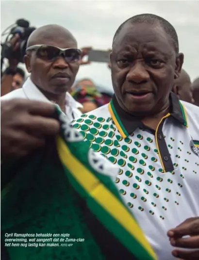  ?? FOTO AFP ?? Cyril Ramaphosa behaalde een nipte overwinnin­g, wat aangeeft dat de Zuma-clan het hem nog lastig kan maken.