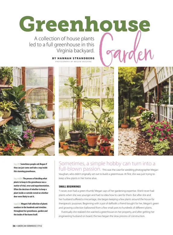  ??  ?? (top, left) Sometimes people ask Megan if they can just come and take a nap inside this stunning greenhouse.
(top, middle) The process of deciding what plants to keep in the greenhouse was a matter of trial, error and experiment­ation. Often the decision of whether to keep a plant inside or outside rested on whether deer were likely to eat it.
(opposite) Megan’s full collection of plants numbers in the hundreds and stretches throughout her greenhouse, garden and the inside of the home itself.