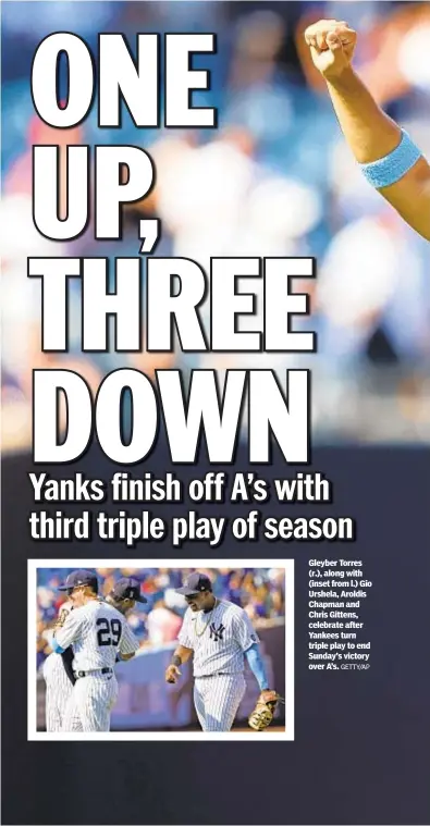  ?? GETTY/AP ?? Gleyber Torres (r.), along with (inset from l.) Gio Urshela, Aroldis Chapman and Chris Gittens, celebrate after Yankees turn triple play to end Sunday’s victory over A’s.