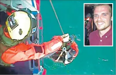  ??  ?? The helicopter crew winch Matthew aboard. Inset: Matthew Bryce.