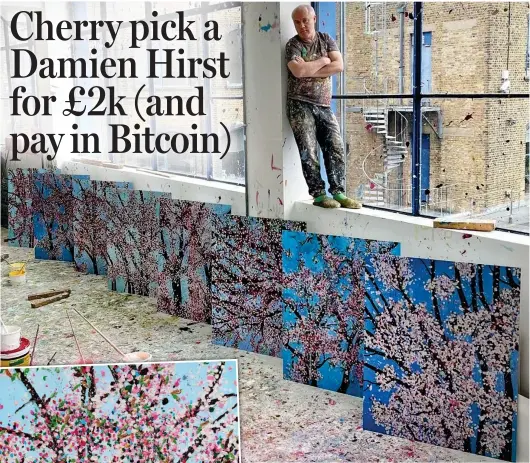  ??  ?? Prints for paupers: Damien Hirst in his studio with the series of cherry blossom paintings being sold as limited edition prints