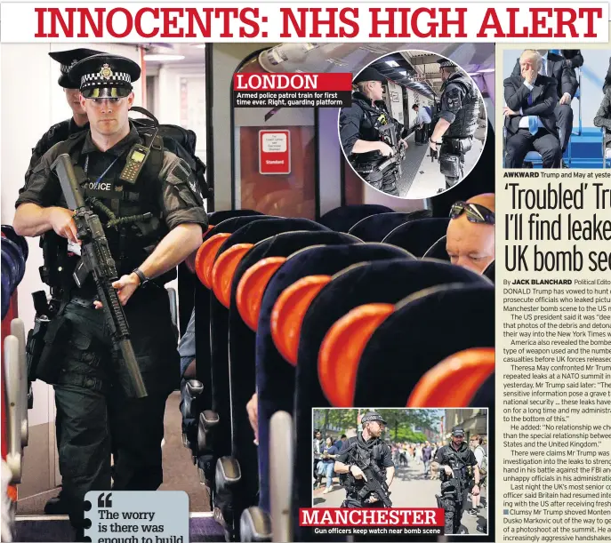  ??  ?? Armed police patrol train for first time ever. Right, guarding platform LONDON