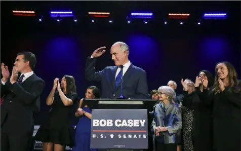  ?? Jake Danna Stevens/The Times-Tribune ?? U.S. Sen. Bob Casey, D-Pa., gives a victory speech during his election night event Nov. 6 at the Scranton Cultural Center at the Masonic Temple in Scranton, Pa.