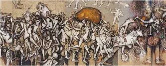  ??  ?? El vasto mural de Gerardo Chávez. “La procesión de la papa” (detalle), 1995.