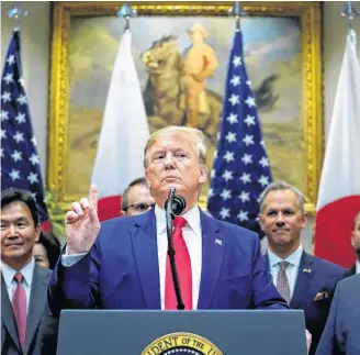  ?? REUTERS ?? U.S. President Donald Trump speaks about Turkey and Syria during a formal signing ceremony for the U.s.-japan Trade Agreement at the White House in Washington.