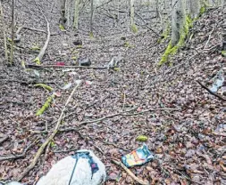  ?? Fotos: Dirk Sander ?? Kaum hat Dirk Sander einen Müllbeutel voll aus dem Wald geholt, findet sich am nächsten Morgen schon wieder weiterer Unrat im Wald.