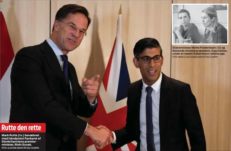  ?? FOTO: ALASTAIR GRANT/ RITZAU SCANPIX ?? Rutte den rette
Mark Rutte ( tv.) bevæbnet med håndpistol flankeret af Storbritan­niens premiermin­ister, Rishi Sunak.