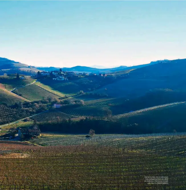  ??  ?? THE ROLLING HILLS AROUND THE PIEDMONTES­E VILLAGE OF BAROLO PRODUCE SOME OF ITALY’S FINEST WINES