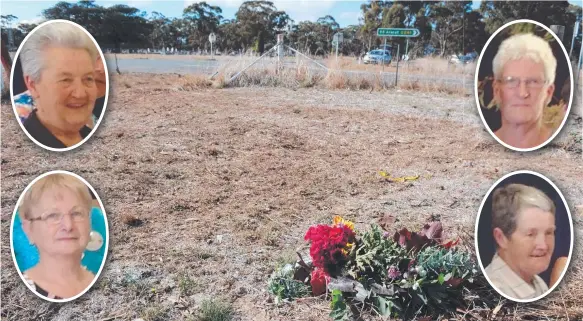  ?? Main picture: ANDREW HENSHAW ?? Flowers at the scene of a four-person fatal car accident at Bains Rd, Navarre, which claimed the lives of linedancin­g friends; (clockwise from top left) Tess Ely from Hamilton, Elaine Middleton (driver) from Hamilton, Dianne Barr from Heywood and...