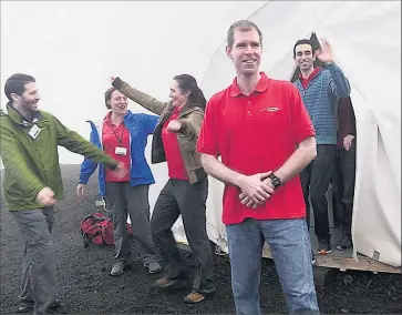  ?? Picture: EPA/University of Hawaii News ?? Members of the team of six leaving the HI-SEAS dome after completing a yearlong Mars simulation in Hawaii, the United States, on Sunday.