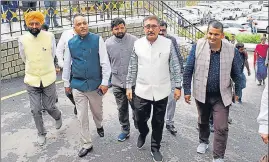  ?? DEEPAK SANSTA/HT ?? Chief minister Jai Ram Thakur along with Vidhan Sabha Speaker Vipin Parmar and other MLAs arrives to attend the monsoon session of HImachal assembly in Shimla on Thursday.