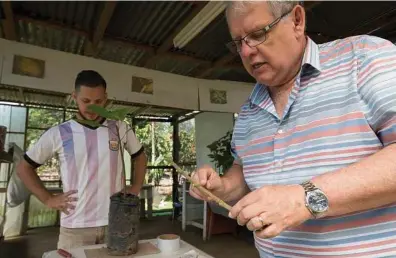  ??  ?? Wilbert Phillips-Mora, right, head of the Cacao Genetic Improvemen­t Program at CATIE. Like many other crops, cacao is under constant threat from diseases and environmen­tal challenges.