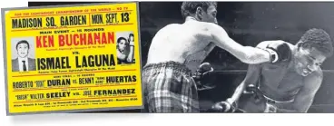 ??  ?? Ken – in his famous tartan trunks – defeats Ismael Laguna in their first fight in 1970