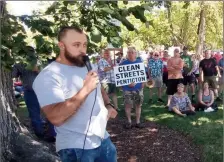  ?? Herald file photo ?? Jason Reynan, who is now running to be the next mayor of Penticton, addresses a Clean Streets Penticton rally in July.