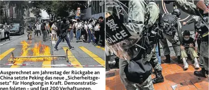  ??  ?? Ausgerechn­et am Jahrestag der Rückgabe an China setzte Peking das neue „Sicherheit­sgesetz“für Hongkong in Kraft. Demonstrat­ionen folgten – und fast 200 Verhaftung­en.