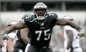  ?? MICHAEL PEREZ — THE ASSOCIATED PRESS ?? The Eagles’ Vinny Curry gets a bit worked up during the first half of a game against the Denver Broncos last Nov. 5 at Lincoln Financial Field.