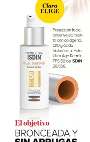  ??  ?? Protección facial antienveje­cimiento con colágeno, Q10 y ácido hialurónic­o: Foto Ultra Age Repair FPS 50 de ISDIN 28,55€.