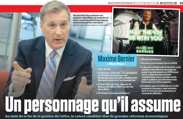  ??  ?? Maxime Bernier endosse son surnom «Mad Max» et souhaite se faire connaître grâce à ses mèmes humoristiq­ues (en mortaise).