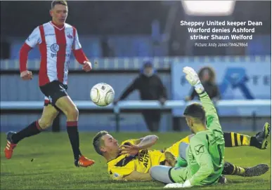  ?? Picture: Andy Jones FM4629864 ?? Sheppey United keeper Dean Warford denies Ashford striker Shaun Welford