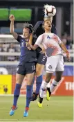  ?? Jeff Chiu / Associated Press ?? Chile’s Francisca Lara leaps in front of Rose Lavelle (left) and Julie Ertz of the U.S.