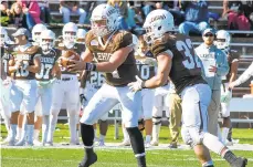  ?? HUNTER JULIUS /LEHIGH ATHLETICS ?? Quarterbac­k Brad Mayes (with ball) and running back Dom Bragalone both had big days in Lehigh’s win over Bucknell.