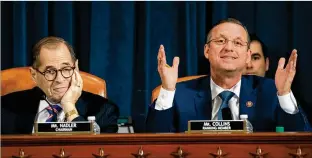  ?? SAUL LOEB / GETTY IMAGES ?? Rep. Doug Collins of Georgia, ranking Republican on the House Judiciary Committee, speaks out Wednesday as Chairman Jerrold Nadler, D-N.Y., listens in the opening session.