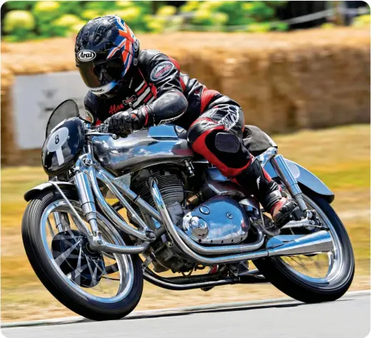  ?? ?? Above: The bike being ridden by Alan Cathcart at the 2022 Goodwood Festival of Speed. The event saw the Earles BSA in action for the first time in 70 years