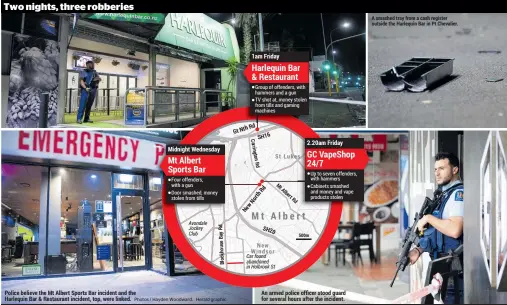  ?? ?? Police believe the Mt Albert Sports Bar incident and the Harlequin Bar & Restaurant incident, top, were linked.