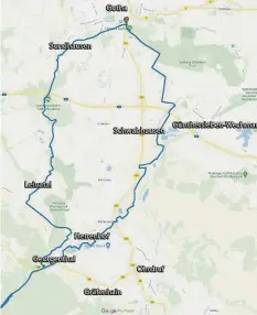  ?? FOTO: GOOGLE MAPS/BEARBEITUN­G: ANDREAS WETZEL ?? Mit dem Rad über den Boxberg zum Saurierpfa­d bei Georgentha­l im Kreis Gotha.
