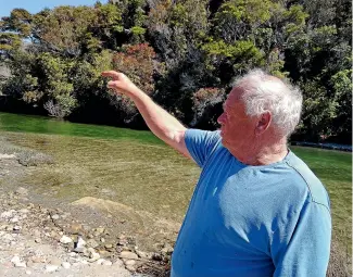  ?? PHOTOS: GERARD HINDMARSH/STUFF ?? Retired archaeolog­ist Richard Cox, of Patons Rock, points out the likely site of the Hidden Treasure Mine’s battery around the mouth of Battery Creek.