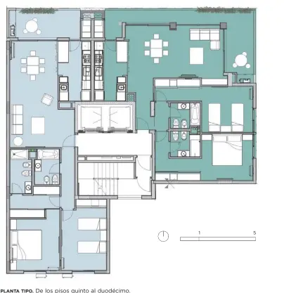  ??  ?? PLANTA TIPO.
De los pisos quinto al duodécimo. 4 Y 5 AMBIENTES INTERIORES. La cocina, totalmente equipada con está integrada con el living y el comedor.
6 DORMITORIO. Con óptimas visuales.