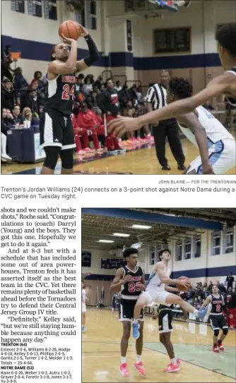  ?? JOHN BLAINE — FOR THE TRENTONIAN ?? Trenton’s Jordan Williams (24) connects on a 3-point shot against Notre Dame during a CVC game on Tuesday night.