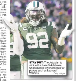  ?? Getty Images ?? STAY PUT: The Jets plan to stick with a base 3-4 defense, which means fewer changes for players such as Leonard Williams.