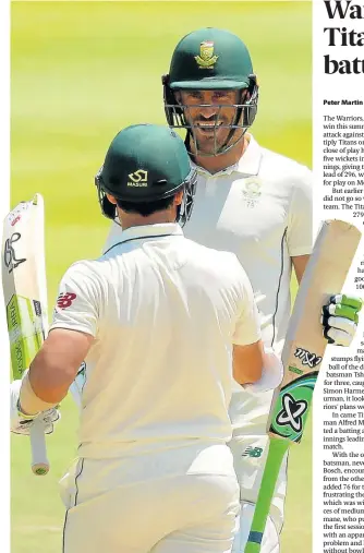  ?? Picture: MIKE HUTCHINGS/REUTERS ?? GOOD JOB: South Africa’s Dean Elgar celebrates with his captain, Faf du Plessis, after their team won the second Test against Pakistan at Newlands in Cape Town on Sunday