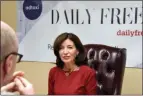  ?? TANIA BARRICKLO — DAILY FREEMAN ?? New York. Lt. Gov. Kathy Hochul is interviewe­d by reporter Paul Kirby at the Daily Freeman office in Kingston, N.Y., on Tuesday.