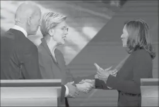  ?? DAVID J. PHILLIP/AP ?? Former Vice Presidet Joe Biden takes part in a Democratic presidenti­al primary debate in September with Elizabeth Warren and Kamala Harris. Biden’s search for a running mate is entering another round of vetting with several Black women in strong contention.