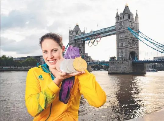  ??  ?? Alicia Coutts with the spoils of her London Olympic Games swimming campaign – one gold medal, three silvers and one bronze. Photo: ALEX COPPEL