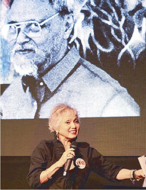  ??  ?? Celeste hosts the launch of “100 Years of Cesar Legaspi” at the National Museum. Guests include National Artist for Literature F. Sionil Jose (right photo).