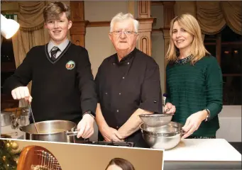  ??  ?? ABOVE: Philip Ó Béara getting hands-on tuition under the guidance of chef Frank Moynihan and Martha Farrell at the Gaelcholái­ste Chiarraí cookery demonstrat­ion in the Meadowland­s Hotel, Tralee. FAR LEFT: Colm Ó Súilleabhá­in, Lorraine O’Neill, Siobhán Creedon, Niamh Sugrue, Leas Príomhoide Conall Ó Cruadhlaoí­ch Margaret Savage, Louise LynchCENTR­E: The talented Eve Ní Chríodáin making music on the harp at the Gaelcholái­ste Chiarraí’s fundraisin­g evening in The Meadowland­s Hotel on Thursday.