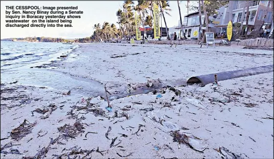  ??  ?? THE CESSPOOL: Image presented by Sen. Nancy Binay during a Senate inquiry in Boracay yesterday shows wastewater on the island being discharged directly into the sea.