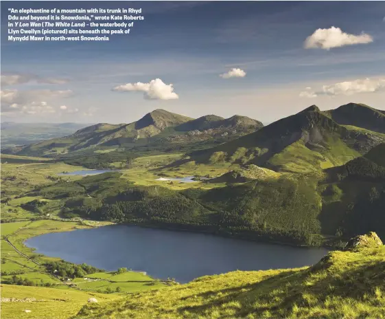  ??  ?? “An elephantin­e of a mountain with its trunk in Rhyd Ddu and beyond it is Snowdonia,” wrote Kate Roberts in Y Lon Wen (The White Lane) – the waterbody of Llyn Cwellyn (pictured) sits beneath the peak of Mynydd Mawr in north-west Snowdonia