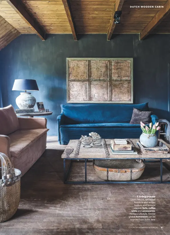  ??  ?? Living room Linen fabrics, raw wood furniture and woven baskets add textural interest. Sofa, coffee table and accessorie­s,
Herbers Lifestyle. Similar global homeware can be sourced from India Jane