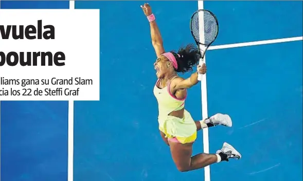  ?? WILLIAM WEST / AFP ?? Serena Williams salta de alegría después de vencer a Maria Sharápova en la final australian­a