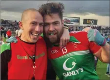  ??  ?? Former Baltinglas­s GAA player James Sheerin (right) celebrates after Garrycastl­e’s victory in the Shay Murtagh SFC final in Westmeath.