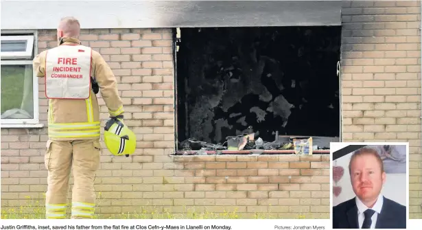  ?? Pictures: Jonathan Myers ?? Justin Griffiths, inset, saved his father from the flat fire at Clos Cefn-y-Maes in Llanelli on Monday.