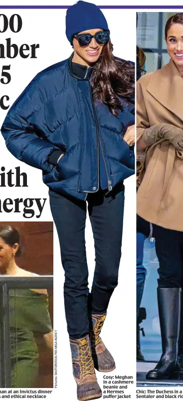  ?? ?? Cosy: Meghan in a cashmere beanie and a Hermes puffer jacket