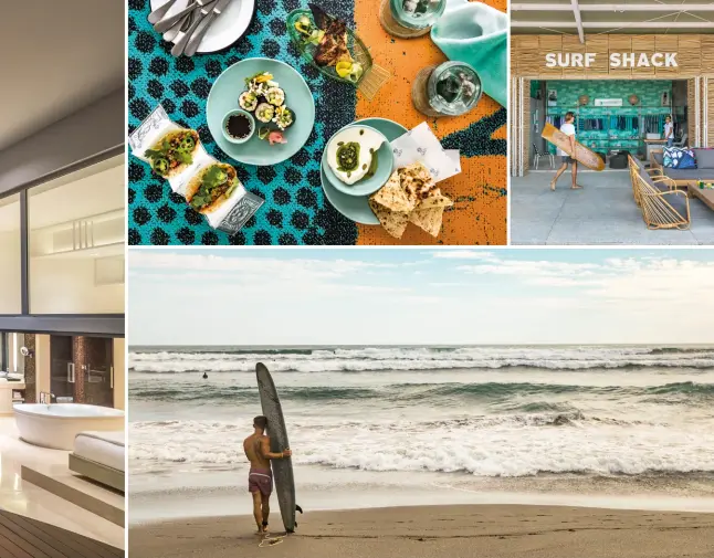 ??  ?? SURF CHIC Clockwise from left: a private infinity pool outside one of the hotel’s 12 penthouse suites; a platter of healthy treats at Como Beach Club; Como Uma Canggu’s Surf Shack, which is run by Tropicsurf; a surfer heads into the waves at Echo Beach, mere steps away from the hotel