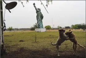  ?? ?? Dogs play Oct. 15 near a 49-foot replica of a Statue of Liberty in General Rodriguez, Argentina.