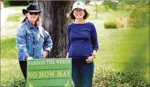  ?? Christian Abraham / Hearst Connecticu­t Media ?? Mally Cox-Chapman, who has been leading the No Mow May charge in her neighborho­od, in center, poses with her neighbor Wendy Graveley, at left, who has joined her in her effort in Hartford.